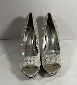 Rampage Womens Champagne Rhinestone Peep Toe Platform Heels Pumps 10 US
